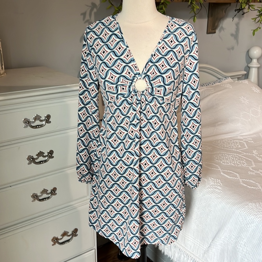 As U Wish Long Sleeve O Ring Dress Silky Blue Navy Mauve Print Womens Small New